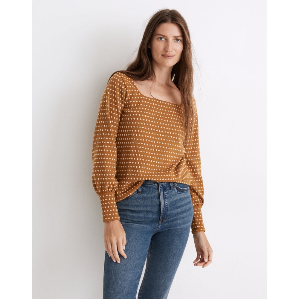 Madewell Mustard Brown Dot Print Long Sleeve Blouse